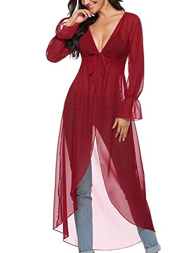 Akalnny Mujer Cárdigan Largo Elegante con Manga Larga Dobladillo Irregular Chaqueta de Gasa Drapeado para Vacaciones Fiesta Playa(Vino Rojo, S)
