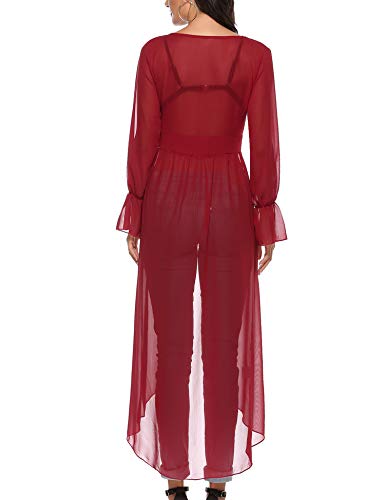 Akalnny Mujer Cárdigan Largo Elegante con Manga Larga Dobladillo Irregular Chaqueta de Gasa Drapeado para Vacaciones Fiesta Playa(Vino Rojo, S)
