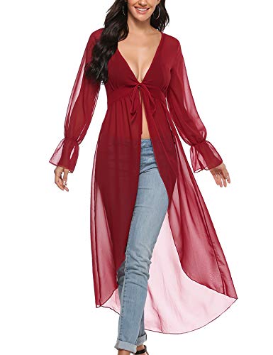 Akalnny Mujer Cárdigan Largo Elegante con Manga Larga Dobladillo Irregular Chaqueta de Gasa Drapeado para Vacaciones Fiesta Playa(Vino Rojo, S)