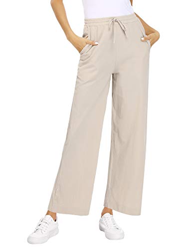 Akalnny Pantalones de Lino Mujer Pantalón con Cordón de Cintura Elástica Casual Pantalones de Verano con Bolsillo(Albaricoque, L)