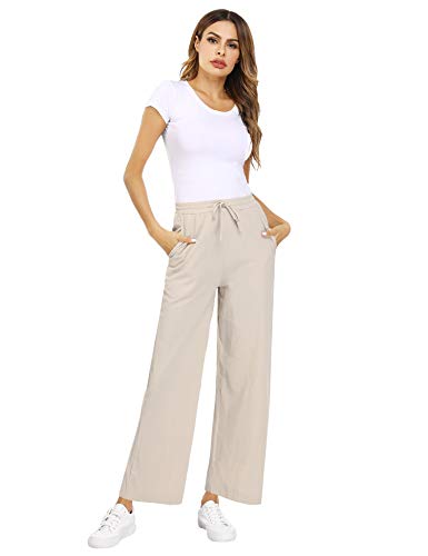 Akalnny Pantalones de Lino Mujer Pantalón con Cordón de Cintura Elástica Casual Pantalones de Verano con Bolsillo(Albaricoque, XL)