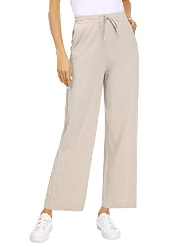 Akalnny Pantalones de Lino Mujer Pantalón con Cordón de Cintura Elástica Casual Pantalones de Verano con Bolsillo(Albaricoque, XL)