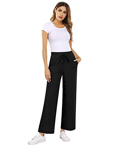 Akalnny Pantalones de Lino Mujer Pantalón con Cordón de Cintura Elástica Casual Pantalones de Verano con Bolsillo(Negro, S)