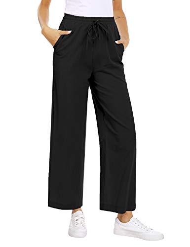 Akalnny Pantalones de Lino Mujer Pantalón con Cordón de Cintura Elástica Casual Pantalones de Verano con Bolsillo(Negro, S)