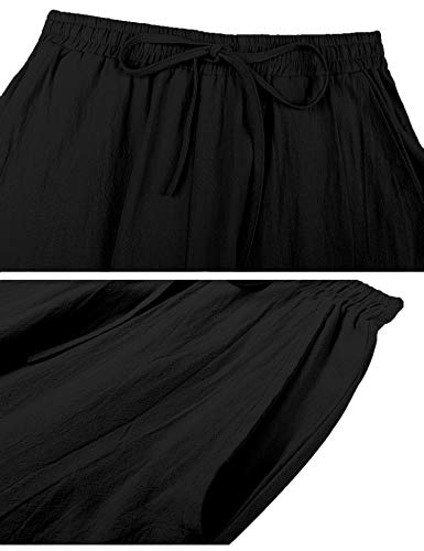 Akalnny Pantalones de Lino Mujer Pantalón con Cordón de Cintura Elástica Casual Pantalones de Verano con Bolsillo(Negro, S)