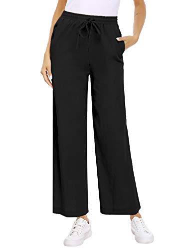 Akalnny Pantalones de Lino Mujer Pantalón con Cordón de Cintura Elástica Casual Pantalones de Verano con Bolsillo(Negro, S)