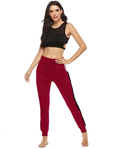 Akalnny Pantalones Deportivos para Mujer Pantalón de Chándal Largos Pantalones de Deporte con Cordones de Rayas para Gimnasio Yoga Jogging (Rojo, S)