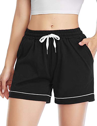 Akalnny Short Pantalones Cortos de Pijama para Mujer Pantalon con Cintura Elástica y Bolsillo Verano Pants Deportivos para Casual Yoga Jogging(Negro, L)