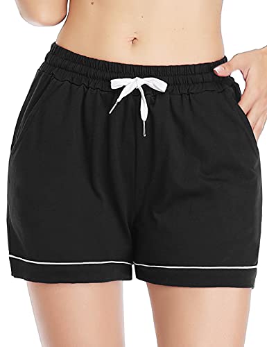 Akalnny Short Pantalones Cortos de Pijama para Mujer Pantalon con Cintura Elástica y Bolsillo Verano Pants Deportivos para Casual Yoga Jogging(Negro, L)