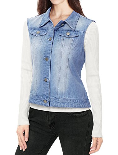 Allegra K Chaleco Vaquero con Bolsillos De Solapa Chaqueta Sin Mangas De Mezclilla Lavado Botones para Mujeres Azul Celeste L