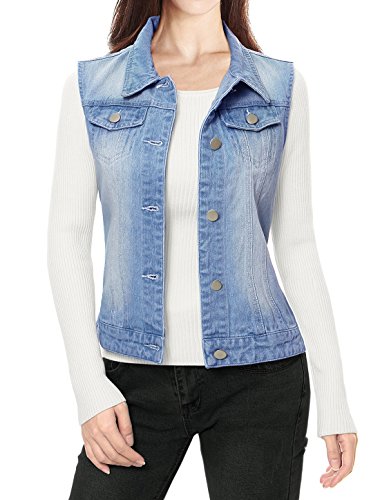 Allegra K Chaleco Vaquero con Bolsillos De Solapa Chaqueta Sin Mangas De Mezclilla Lavado Botones para Mujeres Azul Celeste L