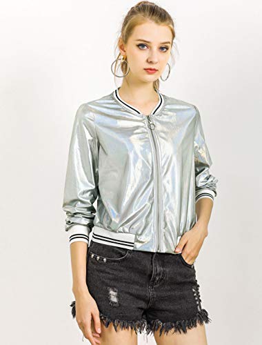 Allegra K Chaqueta De Bombardero Moda Holográfica Cremallera Ligero Metálico Collar del Soporte para Mujer Plata Claro M