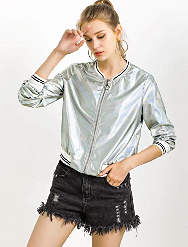 Allegra K Chaqueta De Bombardero Moda Holográfica Cremallera Ligero Metálico Collar del Soporte para Mujer Plata Claro M