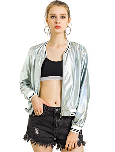 Allegra K Chaqueta De Bombardero Moda Holográfica Cremallera Ligero Metálico Collar del Soporte para Mujer Plata Claro M
