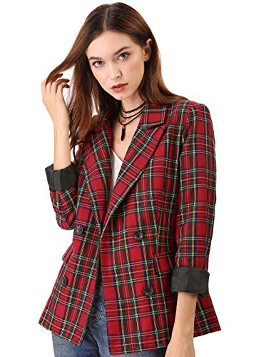 Allegra K Chaqueta Formal A Cuadros Doble Hilera De Botones Solapa con Muescas para Mujeres Rojo Verde M