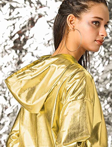 Allegra K Chaqueta Metálica con Capucha Y Cremallera Manga Larga Brillante Holográfica para Mujeres Oro L