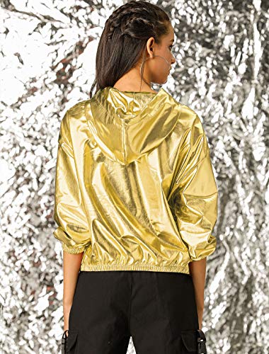 Allegra K Chaqueta Metálica con Capucha Y Cremallera Manga Larga Brillante Holográfica para Mujeres Oro L