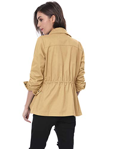 Allegra K Chaqueta Utilitaria Bolsillos con Solapa Cordón De La Cintura para Mujer Caqui XS