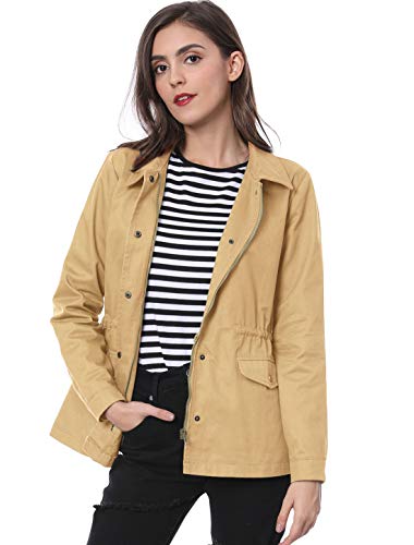 Allegra K Chaqueta Utilitaria Bolsillos con Solapa Cordón De La Cintura para Mujer Caqui XS