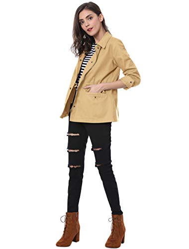 Allegra K Chaqueta Utilitaria Bolsillos con Solapa Cordón De La Cintura para Mujer Caqui XS