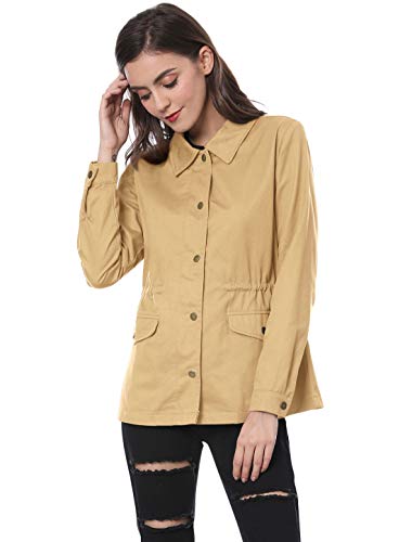 Allegra K Chaqueta Utilitaria Bolsillos con Solapa Cordón De La Cintura para Mujer Caqui XS