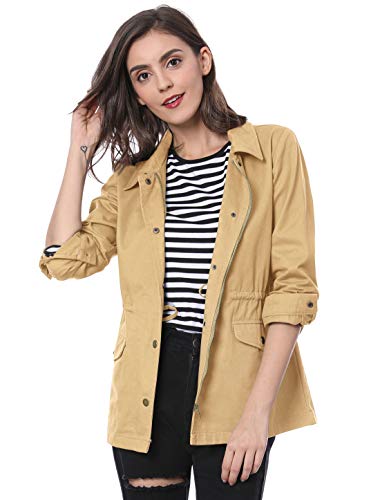 Allegra K Chaqueta Utilitaria Bolsillos con Solapa Cordón De La Cintura para Mujer Caqui XS