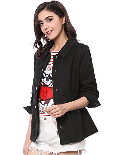 Allegra K Chaqueta Utilitaria Bolsillos con Solapa Cordón De La Cintura para Mujer Negro XS