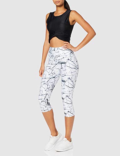 Amazon Brand -AURIQUE Leggings deportivos de largo pirata estampados de cintura alta para mujer, Gris (Marble White Print), 38, Label:S
