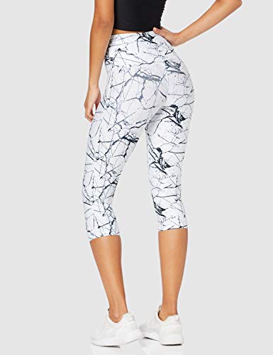 Amazon Brand -AURIQUE Leggings deportivos de largo pirata estampados de cintura alta para mujer, Gris (Marble White Print), 38, Label:S