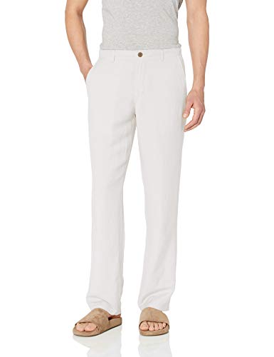 Amazon Essentials - Pantalones de lino con corte clásico y la parte delantera lisa para hombre, Blanco (White), US S (EU S) - 30” Inseam