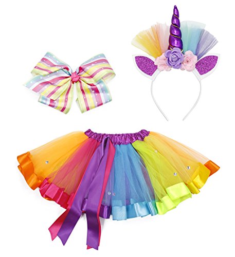 AmzBarley Disfraz de Unicornio para niña Falda de tutú arcoíris con Pinza de Pelo Arcoiris y aro de Pelo Unicornio para espectáculos de Baile de Fiesta (M, Multicolor 2)