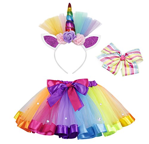 AmzBarley Disfraz de Unicornio para niña Falda de tutú arcoíris con Pinza de Pelo Arcoiris y aro de Pelo Unicornio para espectáculos de Baile de Fiesta (M, Multicolor 2)