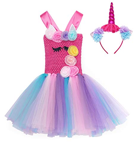 AmzBarley Unicornio Vestidos Cortos Fiesta de Princesa de Tul Tutu con Encaje de Flor sin Mangas para Niña,Disfraz Halloween Princesa con Argolla de Pelo para Boda (2-3 Años, Púrpura 2)