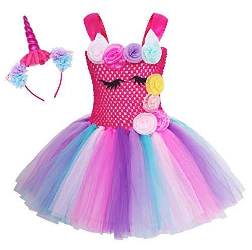 AmzBarley Unicornio Vestidos Cortos Fiesta de Princesa de Tul Tutu con Encaje de Flor sin Mangas para Niña,Disfraz Halloween Princesa con Argolla de Pelo para Boda (2-3 Años, Púrpura 2)