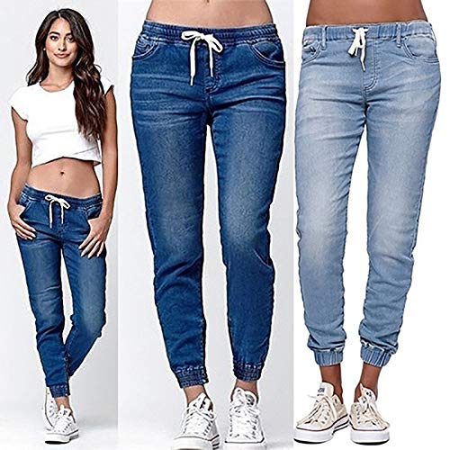 Andifany Pantalones Jogger Informal De Mujer Jeans De Cintura Elastica De Cordon Pantalones De Mezclilla De Senora Solido Pantalones Leggings Delgados Azul Oscuro 4XL