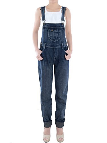 ANNA-KACI Dril de algodón de Las Mujeres Blue Jeans Rectos Bolsillos Tipo Peto Pantalones de Cintura pantalón Vaquero