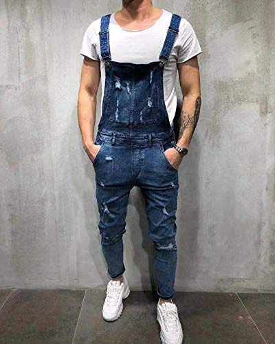 AnyuA Hombres Mono Pantalones Rotos Vaqueros Hippie Overol de Mezclilla Deportivos con Bolsillos Jeans Pantalón Overalls Azul Marino S