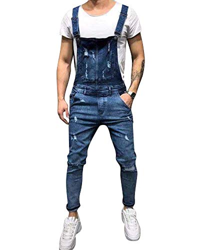 AnyuA Hombres Mono Pantalones Rotos Vaqueros Hippie Overol de Mezclilla Deportivos con Bolsillos Jeans Pantalón Overalls Azul Marino S