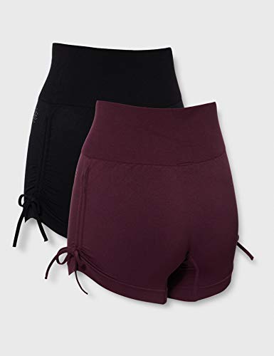 AURIQUE Shorts de Yoga Mujer, Pack de 2, Multicolor (Black & Pickled Beet)., 40, Label:M