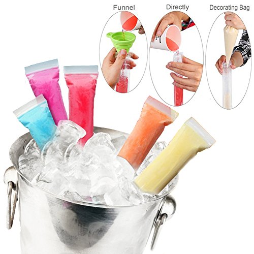 AUTOPkio 200 Piezas Bolsas para Helados de paletas de Hielo con 1 pz De Embudo y 5 Piezas Mangas para Helados de Yogur, Hielo o paletas congeladas, 22 x 6cm BPA Freezer Zip-Top