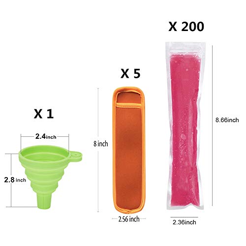 AUTOPkio 200 Piezas Bolsas para Helados de paletas de Hielo con 1 pz De Embudo y 5 Piezas Mangas para Helados de Yogur, Hielo o paletas congeladas, 22 x 6cm BPA Freezer Zip-Top