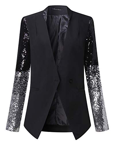 Auxo Mujer Blázer Oficina Slim Negro Sequins Manga Larga Chaqueta de Traje de Negocios