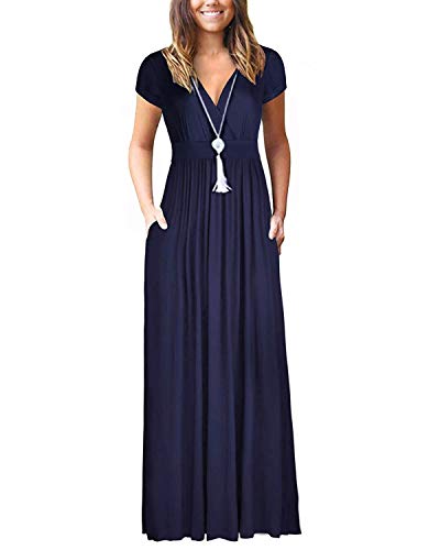 Auxo Mujeres Casual Cuello en V Manga Corta Vestido Largo Cintura Alta Vestidos Largos Lisos Sueltos Vestido de Fiesta con Bolsillos Azul 2XL