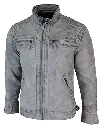 Aviatrix 2101 Chaqueta Estilo Retro Biker de Cuero autentico Suave para Caballero en Blanco - Blanco, Small
