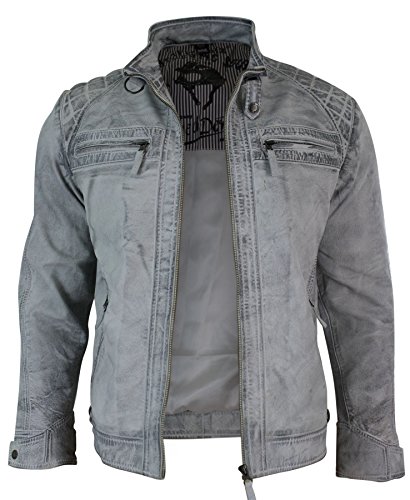 Aviatrix 2101 Chaqueta Estilo Retro Biker de Cuero autentico Suave para Caballero en Blanco - Blanco, Small