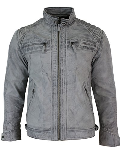 Aviatrix 2101 Chaqueta Estilo Retro Biker de Cuero autentico Suave para Caballero en Blanco - Blanco, Small