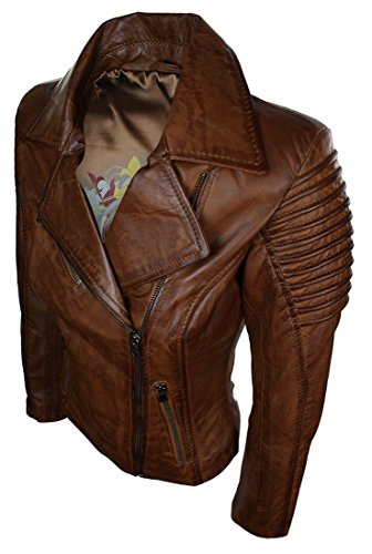 Aviatrix Ayesha Chaqueta Ajustada para Mujer de Cuero autentico Marron, Estilo Biker - Marron, X-Large