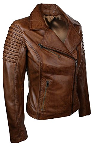 Aviatrix Ayesha Chaqueta Ajustada para Mujer de Cuero autentico Marron, Estilo Biker - Marron, X-Large