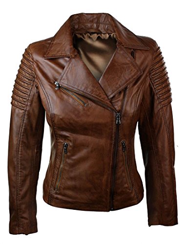 Aviatrix Ayesha Chaqueta Ajustada para Mujer de Cuero autentico Marron, Estilo Biker - Marron, X-Large