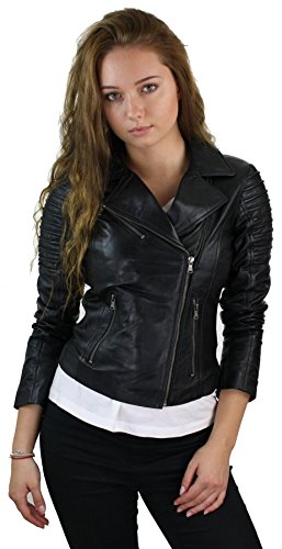Aviatrix Ayesha Chaqueta Ajustada para Mujer de Cuero autentico Negro, Estilo Biker - Negro, Large